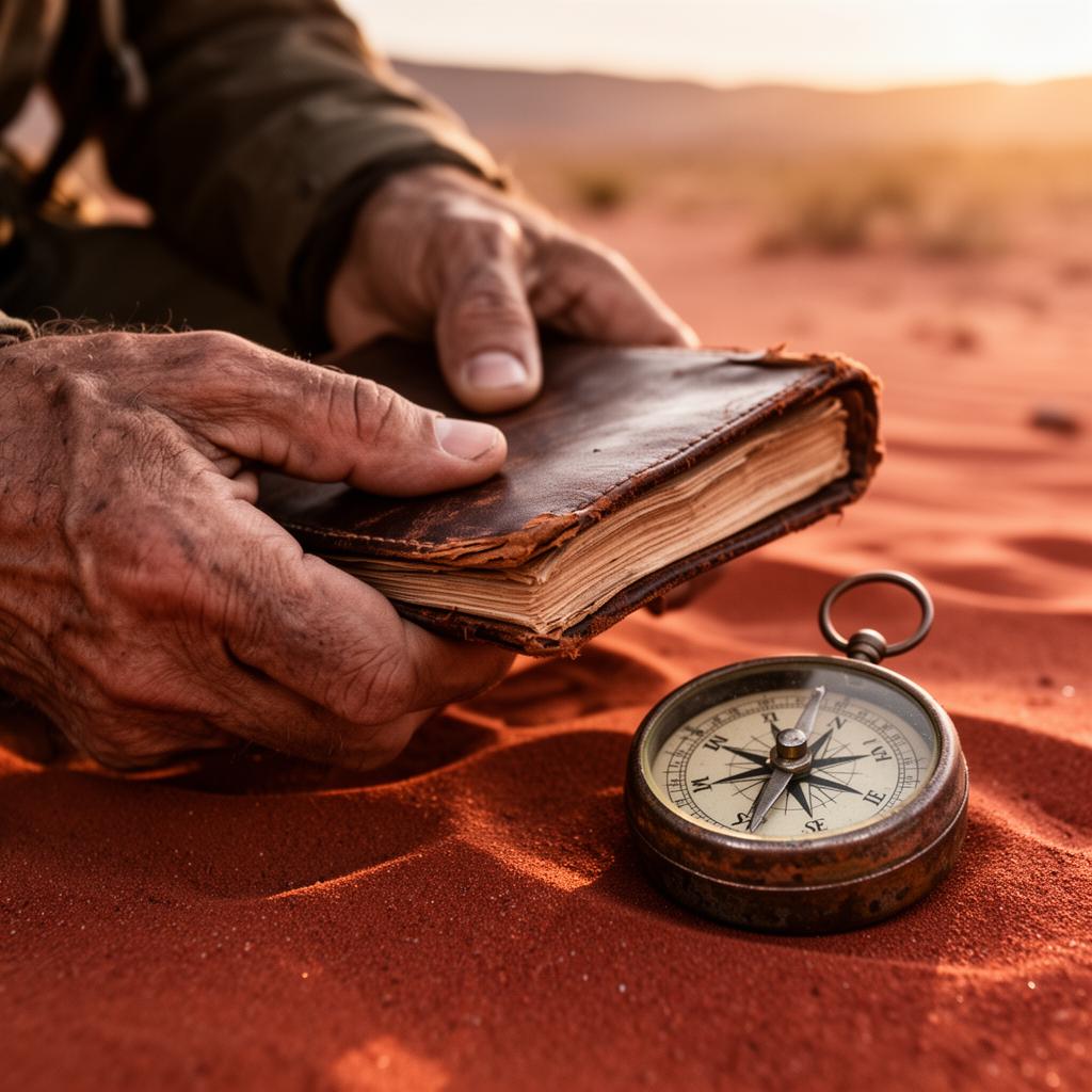 Weathered hands holding a leather journal in the desert